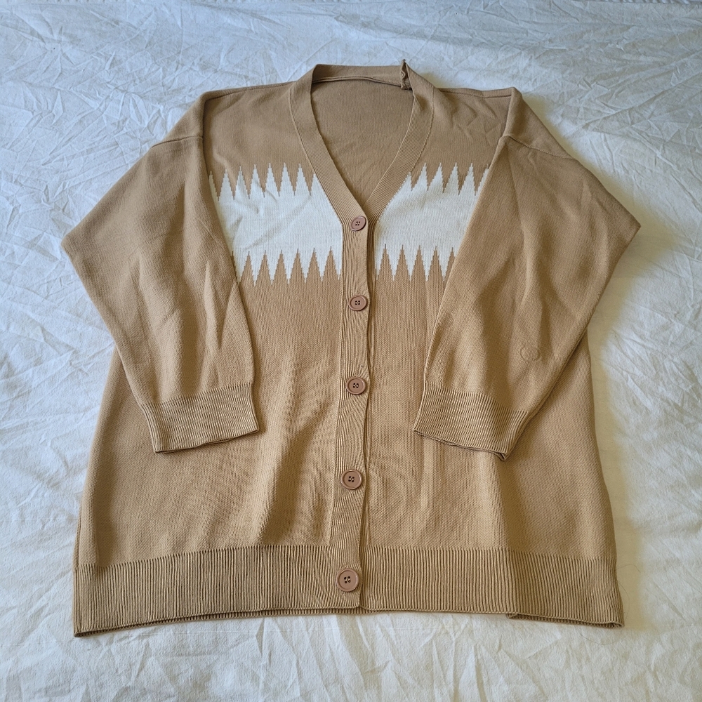 Eclectic Granpa Cardigan Sweater Retro Style Oversized Mens 3XL Tan Geometric